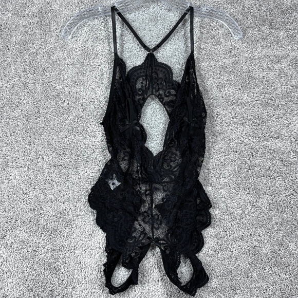 Other - Black Floral Lace Teddy Bodysuit Rhinestone Heart Bow Detail Medium Womens